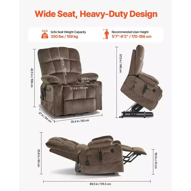 Fauteuil Inclinable Électrique VEVOR, Double Moteur, Grand Fauteuil Élévateur Électrique avec Chaleur et Massage pour Personnes Âgées, Réglage Infini des Positions, Marron