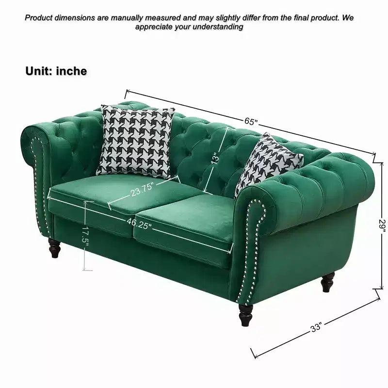 GDFStudio Jenifer Chesterfield Velvet Upholstered Sofa with Roll Armrest and Nailhead