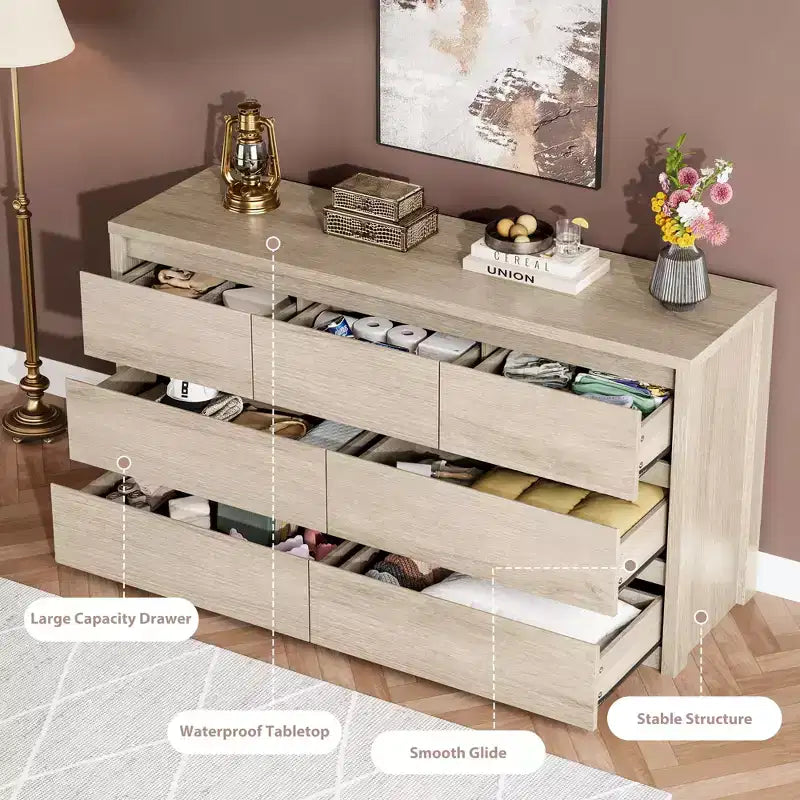 Grande commode moderne à 7 tiroirs pour chambre à coucher, grande commode en bois avec organisateur de rangement pour salon, couloir et entrée