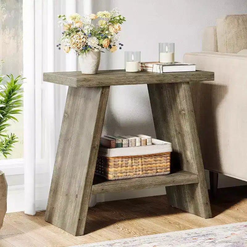 Table d'appoint en bois massif Lantine pour salon, petite table d'appoint avec 2 niveaux de rangement, table de chevet de style ferme pour petits espaces, marron délavé (1 pièce)