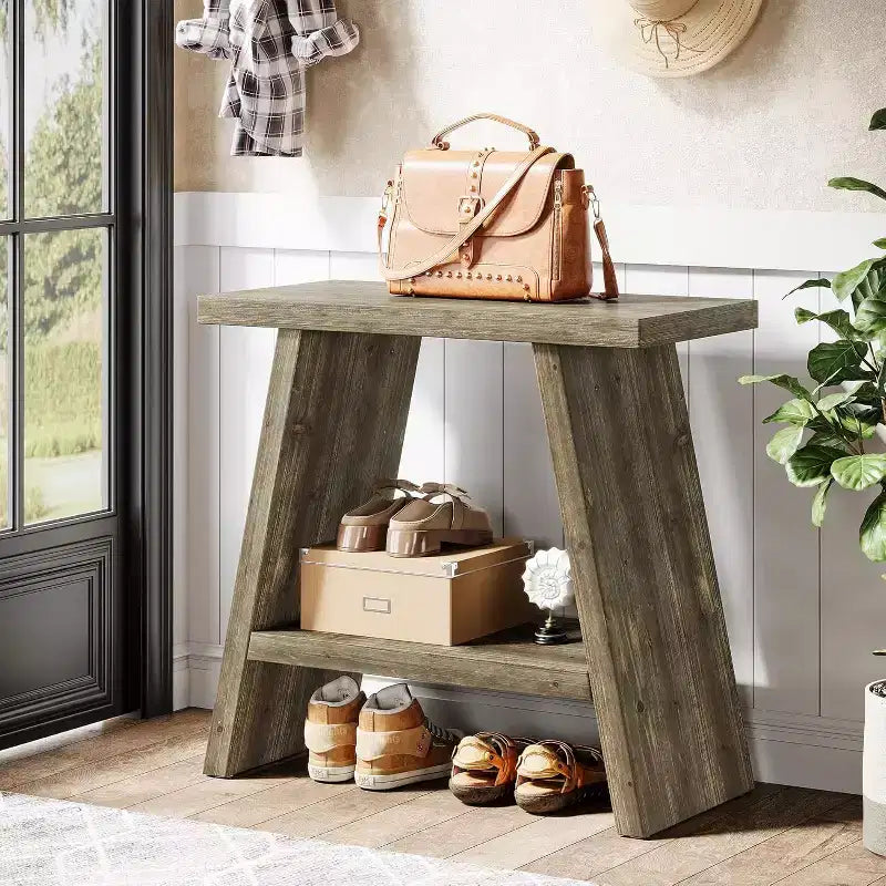 Table d'appoint en bois massif Lantine pour salon, petite table d'appoint avec 2 niveaux de rangement, table de chevet de style ferme pour petits espaces, marron délavé (1 pièce)