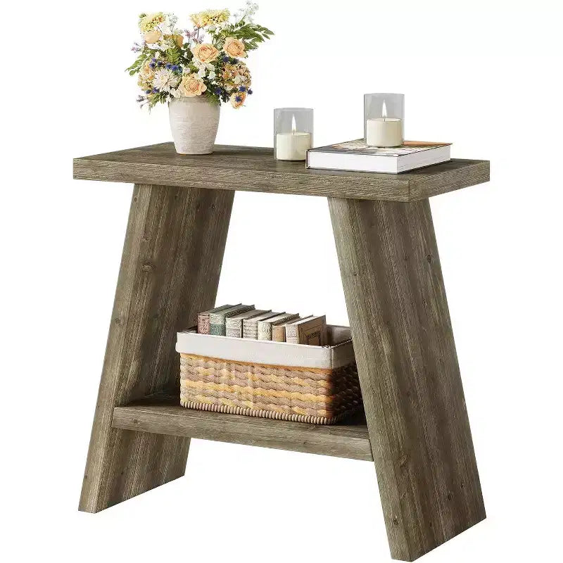 Table d'appoint en bois massif Lantine pour salon, petite table d'appoint avec 2 niveaux de rangement, table de chevet de style ferme pour petits espaces, marron délavé (1 pièce)