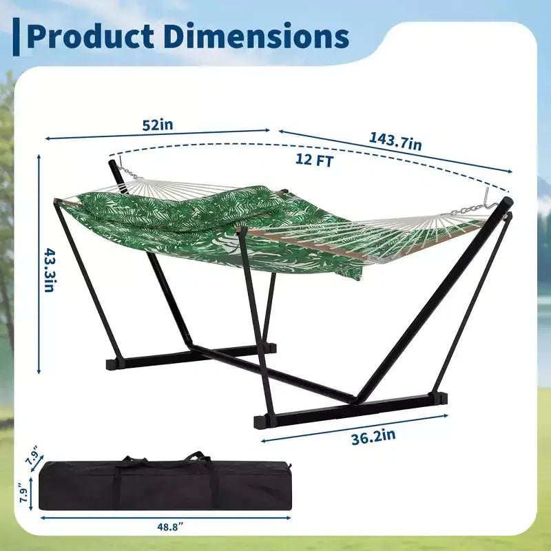 Hamac portable double avec support, hamac 2 personnes avec sac de transport, hamac portable avec barre d'écartement en bois dur, oreiller, cordes d'équilibrage inclus