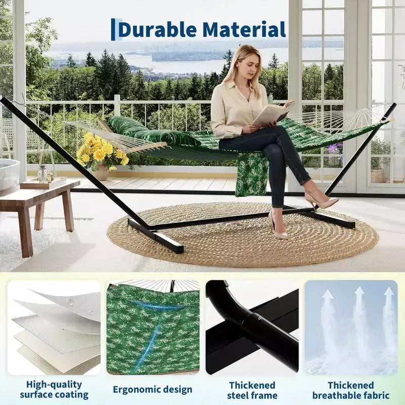Hamac portable double avec support, hamac 2 personnes avec sac de transport, hamac portable avec barre d'écartement en bois dur, oreiller, cordes d'équilibrage inclus