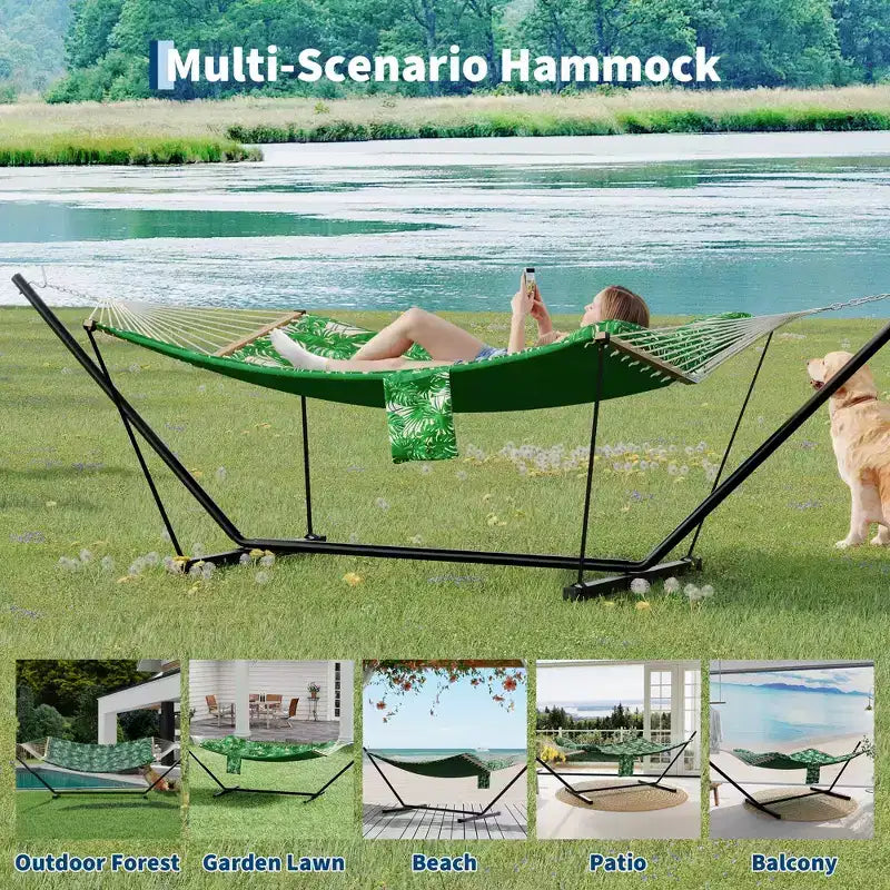 Hamac portable double avec support, hamac 2 personnes avec sac de transport, hamac portable avec barre d'écartement en bois dur, oreiller, cordes d'équilibrage inclus