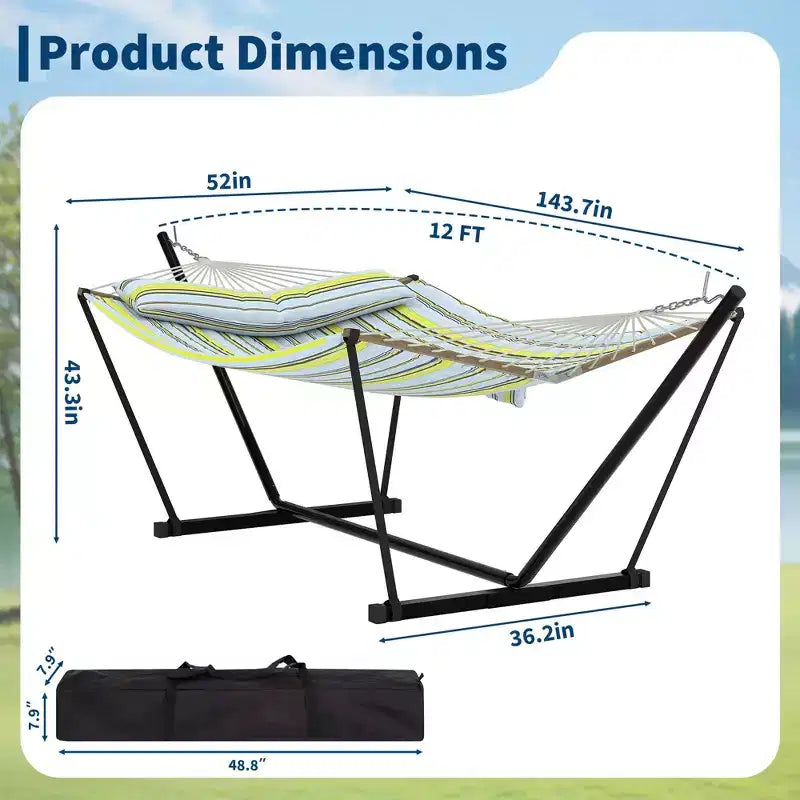 Hamac portable double avec support, hamac 2 personnes avec sac de transport, hamac portable avec barre d'écartement en bois dur, oreiller, cordes d'équilibrage inclus