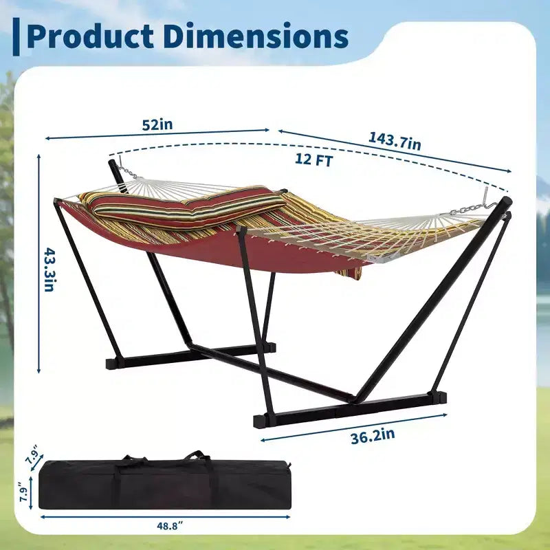 Hamac portable double avec support, hamac 2 personnes avec sac de transport, hamac portable avec barre d'écartement en bois dur, oreiller, cordes d'équilibrage inclus