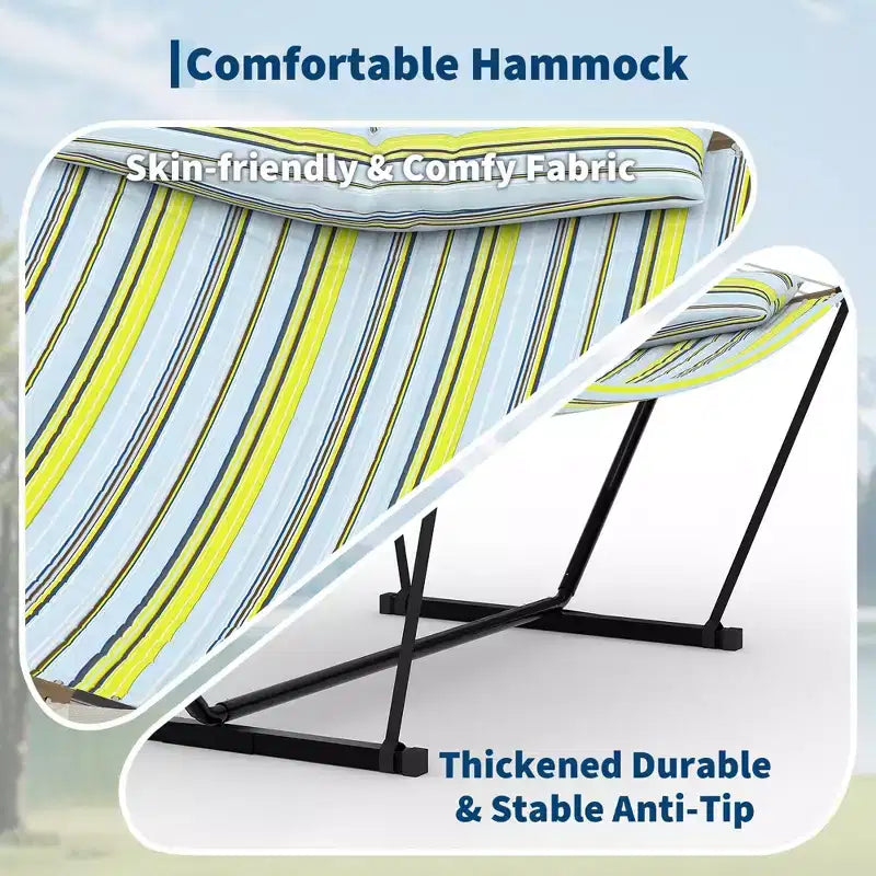 Hamac portable double avec support, hamac 2 personnes avec sac de transport, hamac portable avec barre d'écartement en bois dur, oreiller, cordes d'équilibrage inclus