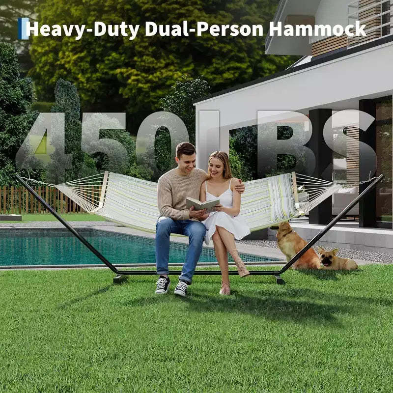 Hamac portable double avec support, hamac 2 personnes avec sac de transport, hamac portable avec barre d'écartement en bois dur, oreiller, cordes d'équilibrage inclus