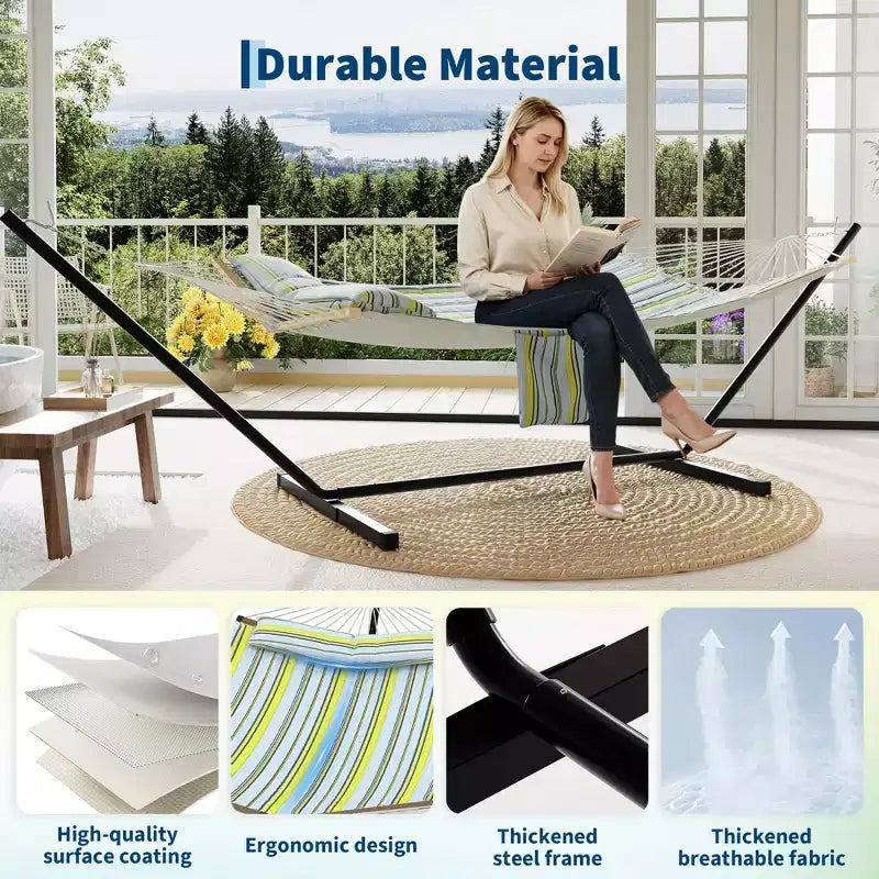 Hamac portable double avec support, hamac 2 personnes avec sac de transport, hamac portable avec barre d'écartement en bois dur, oreiller, cordes d'équilibrage inclus