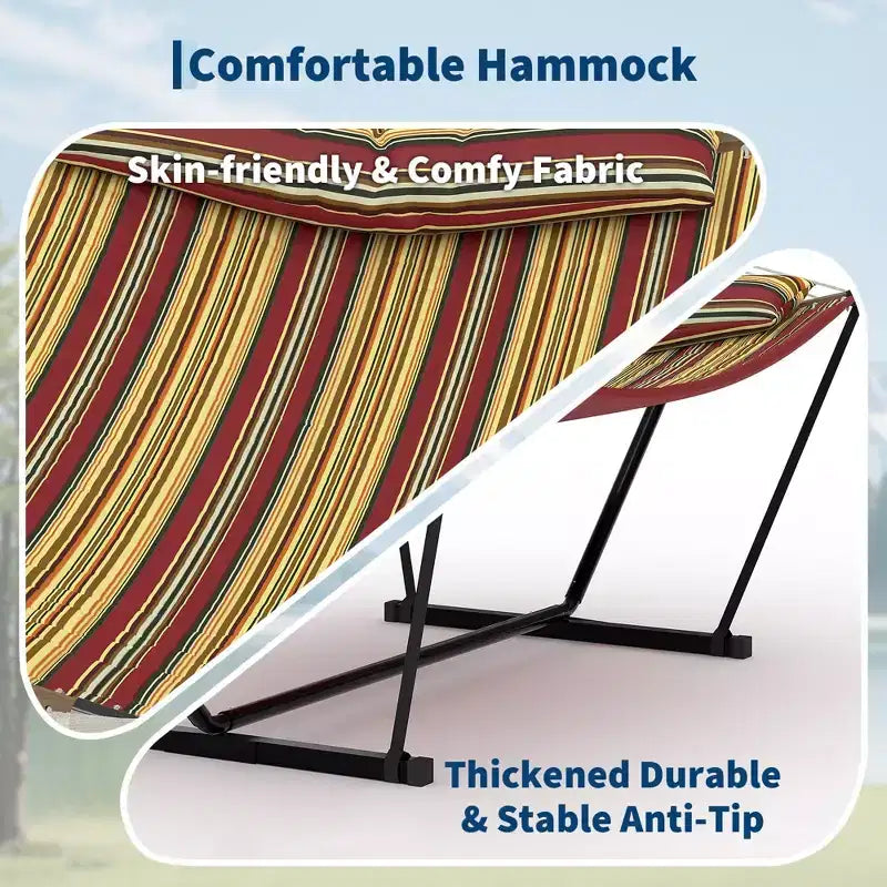 Hamac portable double avec support, hamac 2 personnes avec sac de transport, hamac portable avec barre d'écartement en bois dur, oreiller, cordes d'équilibrage inclus