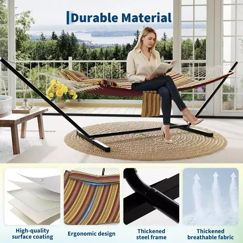 Hamac portable double avec support, hamac 2 personnes avec sac de transport, hamac portable avec barre d'écartement en bois dur, oreiller, cordes d'équilibrage inclus