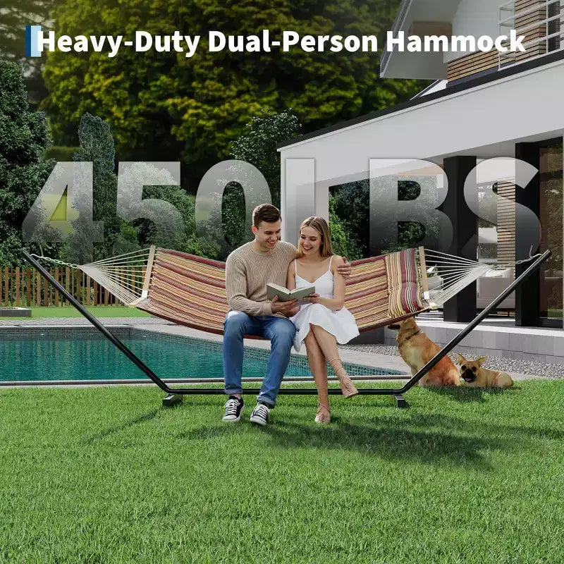 Hamac portable double avec support, hamac 2 personnes avec sac de transport, hamac portable avec barre d'écartement en bois dur, oreiller, cordes d'équilibrage inclus