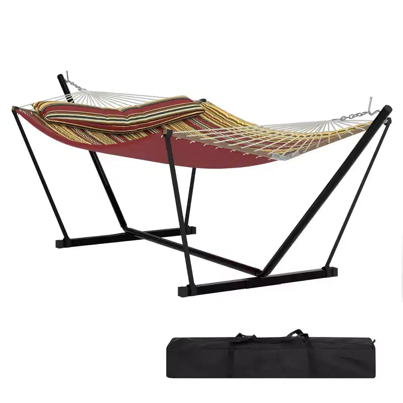 Double Portable Hammock with Stand, 2 Person Hammock with Carry Bag, Portable Hammock with Hardwood Spreader Bar, Pillow, Balance Ropes Included