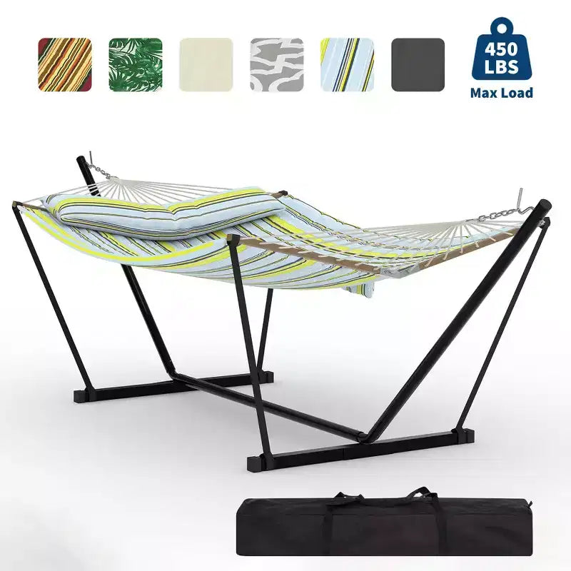 Hamac portable double avec support, hamac 2 personnes avec sac de transport, hamac portable avec barre d'écartement en bois dur, oreiller, cordes d'équilibrage inclus