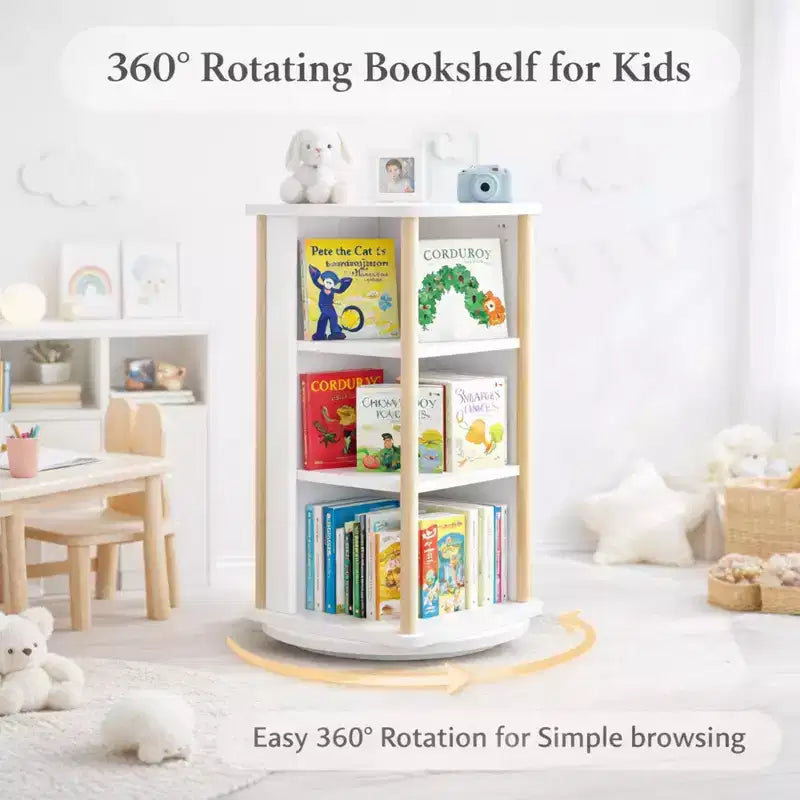 360 Rotating Kids Bookshelf with Chalkboard, 3-Tier Wooden Revolving Bookcase and Toy Storage Organizer for Nursery & Playroom
