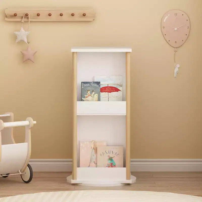 360 Rotating Kids Bookshelf with Chalkboard, 3-Tier Wooden Revolving Bookcase and Toy Storage Organizer for Nursery & Playroom