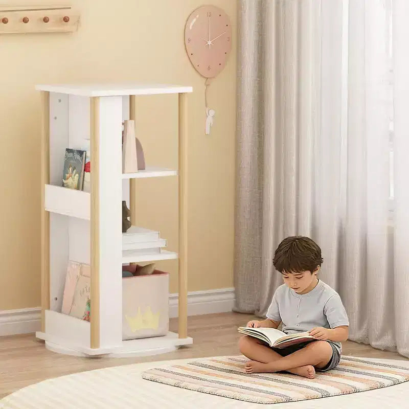 360 Rotating Kids Bookshelf with Chalkboard, 3-Tier Wooden Revolving Bookcase and Toy Storage Organizer for Nursery & Playroom