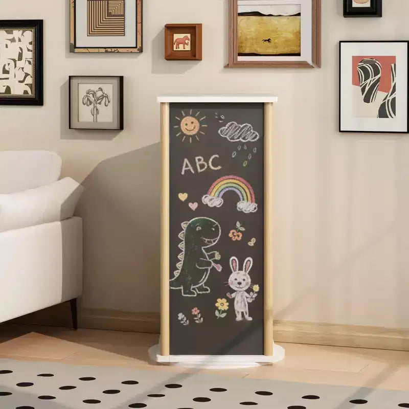 360 Rotating Kids Bookshelf with Chalkboard, 3-Tier Wooden Revolving Bookcase and Toy Storage Organizer for Nursery & Playroom