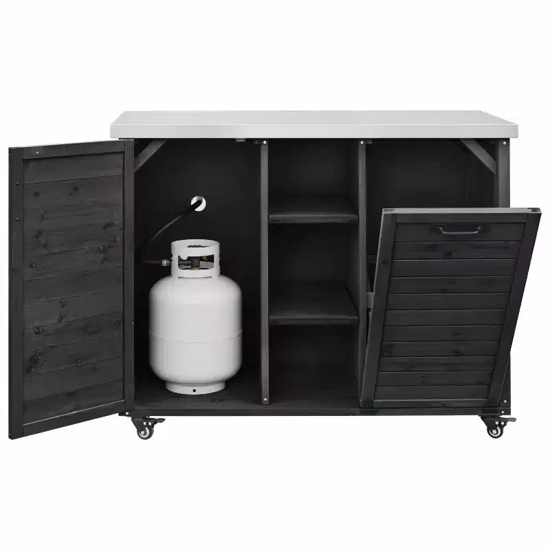 FAMYYT 78.3-Inch Outdoor Kitchen Island with Stainless Steel Countertop, Foldable BBQ Station, and Storage Cabinets, Black