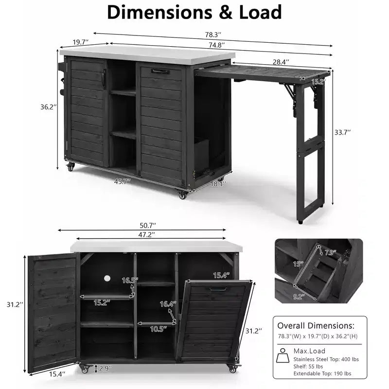 FAMYYT 78.3-Inch Outdoor Kitchen Island with Stainless Steel Countertop, Foldable BBQ Station, and Storage Cabinets, Black