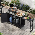 FAMYYT 78.3-Inch Outdoor Kitchen Island with Stainless Steel Countertop, Foldable BBQ Station, and Storage Cabinets, Black