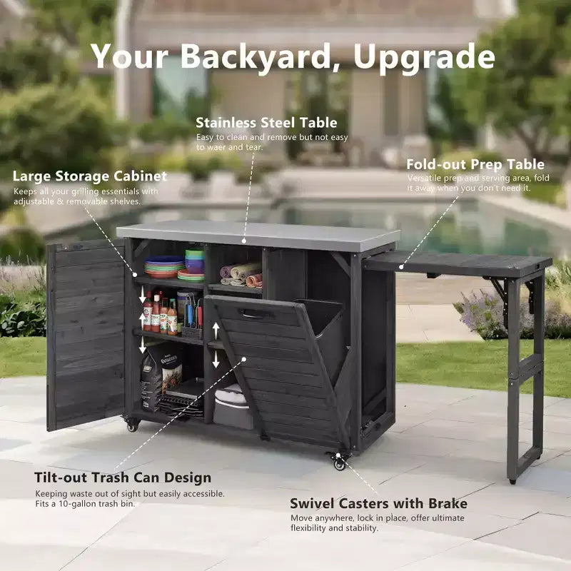 FAMYYT 78.3-Inch Outdoor Kitchen Island with Stainless Steel Countertop, Foldable BBQ Station, and Storage Cabinets, Black