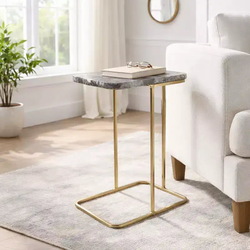 Table d'appoint, guéridon ou table de chevet - Table de chevet métallique en forme de C avec plateau en agate, parfaite pour les grands ou petits espaces