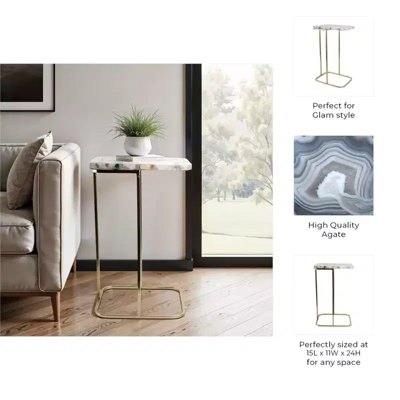 Table d'appoint, guéridon ou table de chevet - Table de chevet métallique en forme de C avec plateau en agate, parfaite pour les grands ou petits espaces