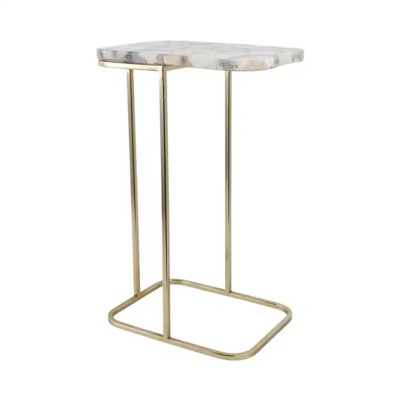 Table d'appoint, guéridon ou table de chevet - Table de chevet métallique en forme de C avec plateau en agate, parfaite pour les grands ou petits espaces