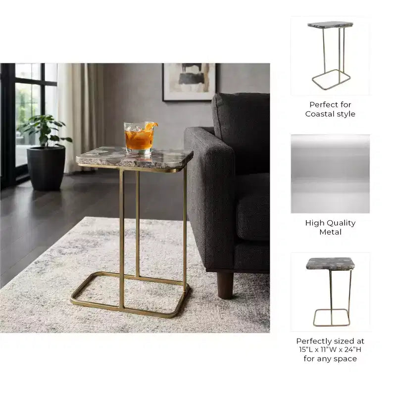 Table d'appoint, guéridon ou table de chevet - Table de chevet métallique en forme de C avec plateau en agate, parfaite pour les grands ou petits espaces