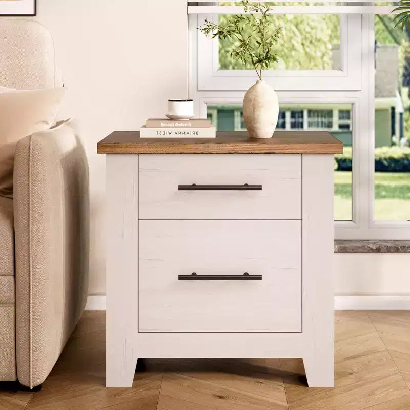 Garvee Nightstand With 2 Drawers, Farmhouse Night Stand With Brown Tabletop, Distressed White , Supports 170 LBS