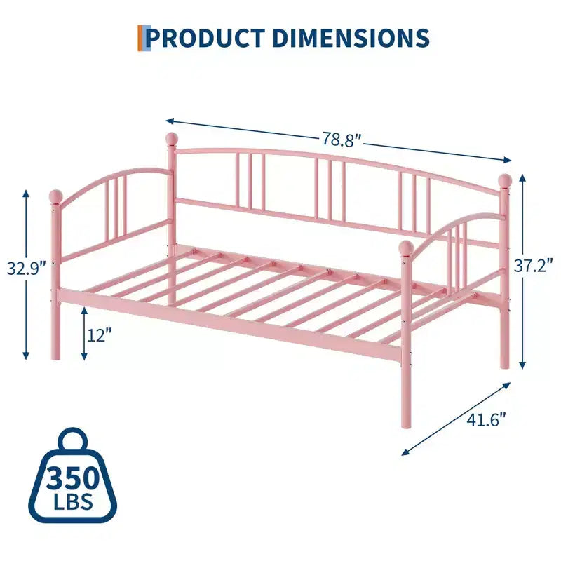 Twin Daybed Sofa Bed with Steel Slat Support, Underbed Storage & Arched Headboard, Pink Metal Frame, for Bedroom/Living Room, Guest Bed
