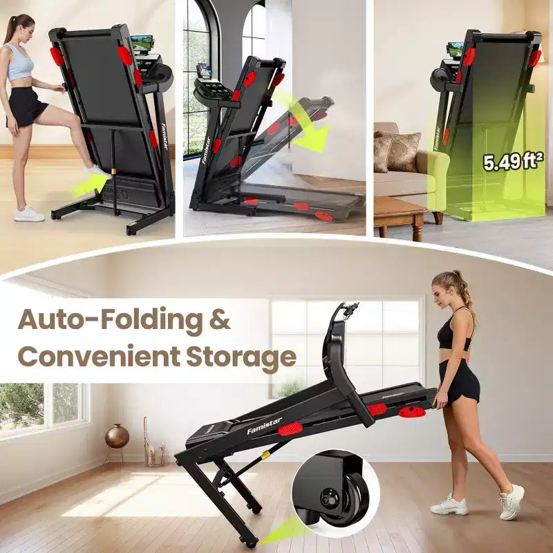 Tapis de course pliable pour la maison avec moteur de 3,75 CV, contrôle par application, haut-parleurs Bluetooth, inclinaison manuelle, capacité de 150 kg