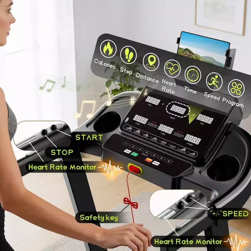 Tapis de course pliable pour la maison avec moteur de 3,75 CV, contrôle par application, haut-parleurs Bluetooth, inclinaison manuelle, capacité de 150 kg