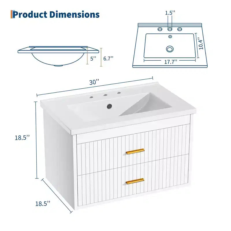 Floating Bathroom Vanity with Sink - Modern Wall Mounted Vanity with Ceramic Sink, 2 Large Drawers, Waterproof & Easy Clean