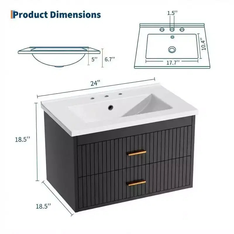 Floating Bathroom Vanity with Sink - Modern Wall Mounted Vanity with Ceramic Sink, 2 Large Drawers, Waterproof & Easy Clean