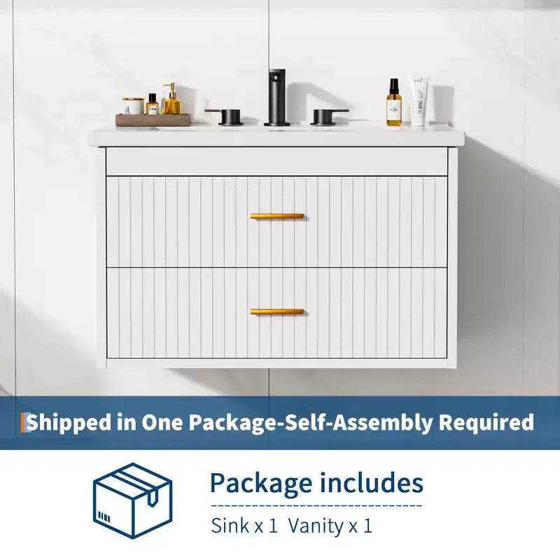 Floating Bathroom Vanity with Sink - Modern Wall Mounted Vanity with Ceramic Sink, 2 Large Drawers, Waterproof & Easy Clean