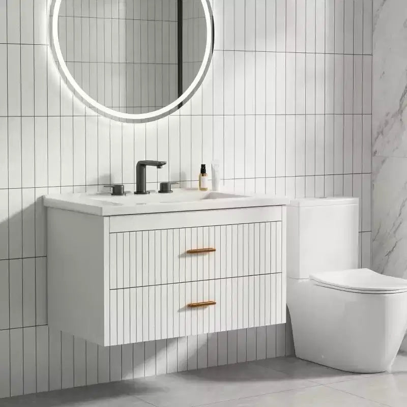 Floating Bathroom Vanity with Sink - Modern Wall Mounted Vanity with Ceramic Sink, 2 Large Drawers, Waterproof & Easy Clean