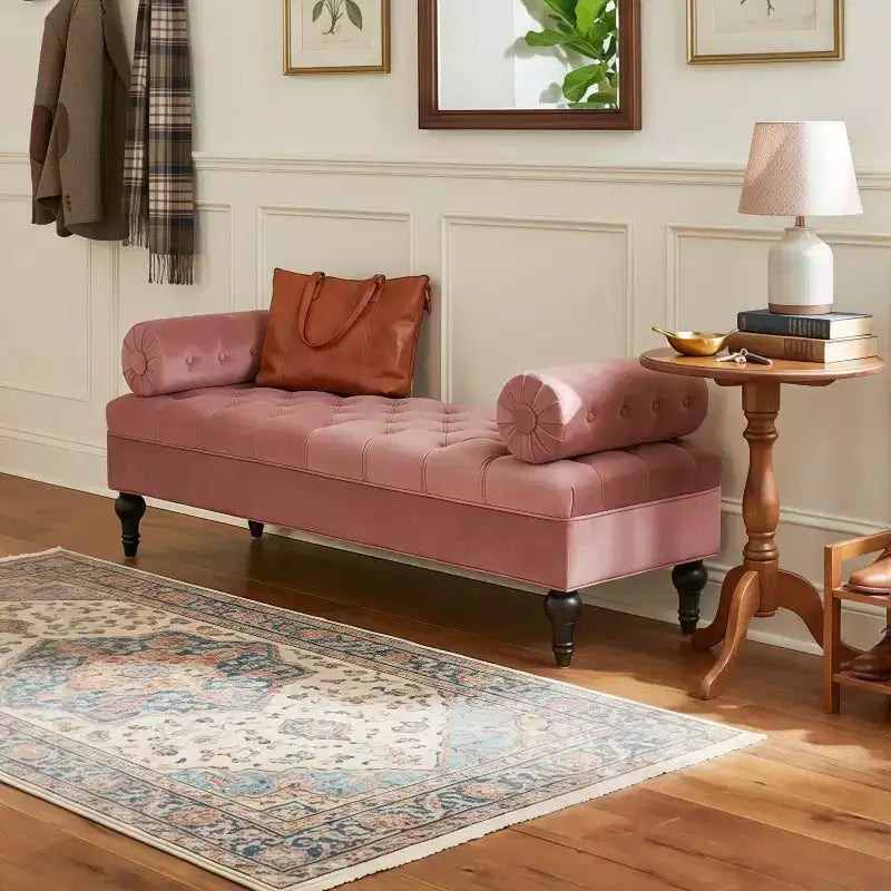 Whisen End of Bed Bench, Velvet Upholstered Tufted Bench Bedroom Bench Ottoman Footstool, Entryway Closet Bench with 2 Detachable Pillows