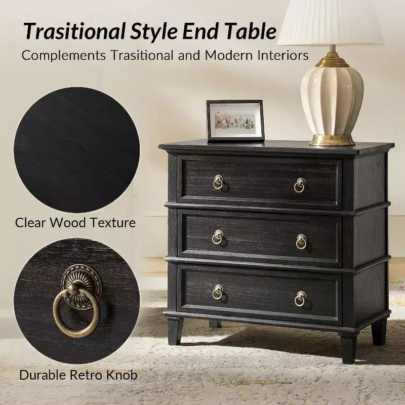 Table d'appoint Helena 28W en bois massif à 3 tiroirs, lot de 2 avec station de charge intégrée | HULALA HOME