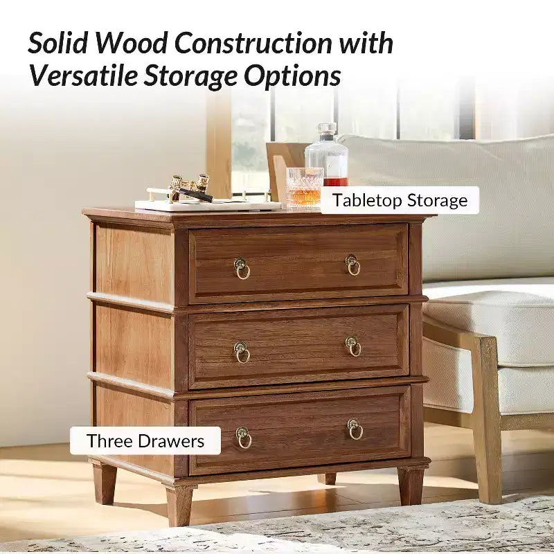 Table d'appoint Helena 28W en bois massif à 3 tiroirs, lot de 2 avec station de charge intégrée | HULALA HOME