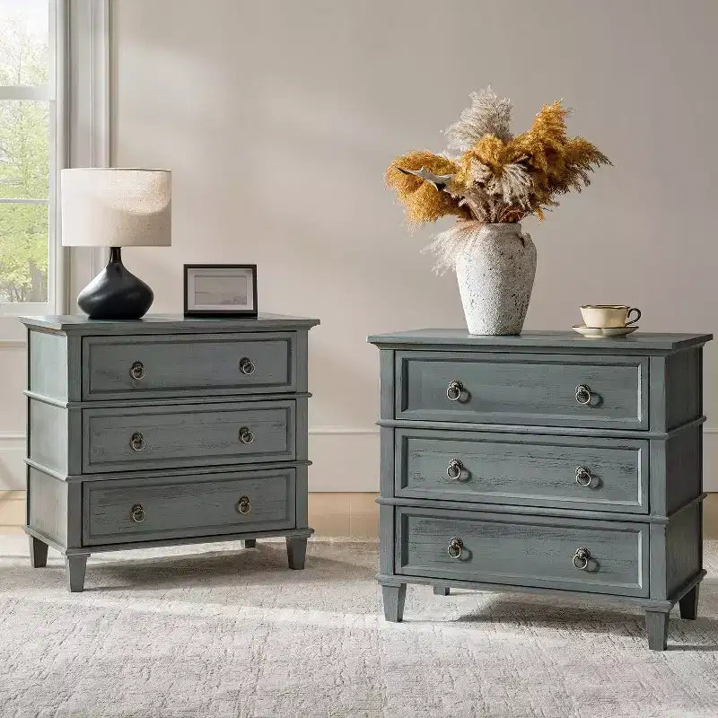 Table d'appoint Helena 28W en bois massif à 3 tiroirs, lot de 2 avec station de charge intégrée | HULALA HOME