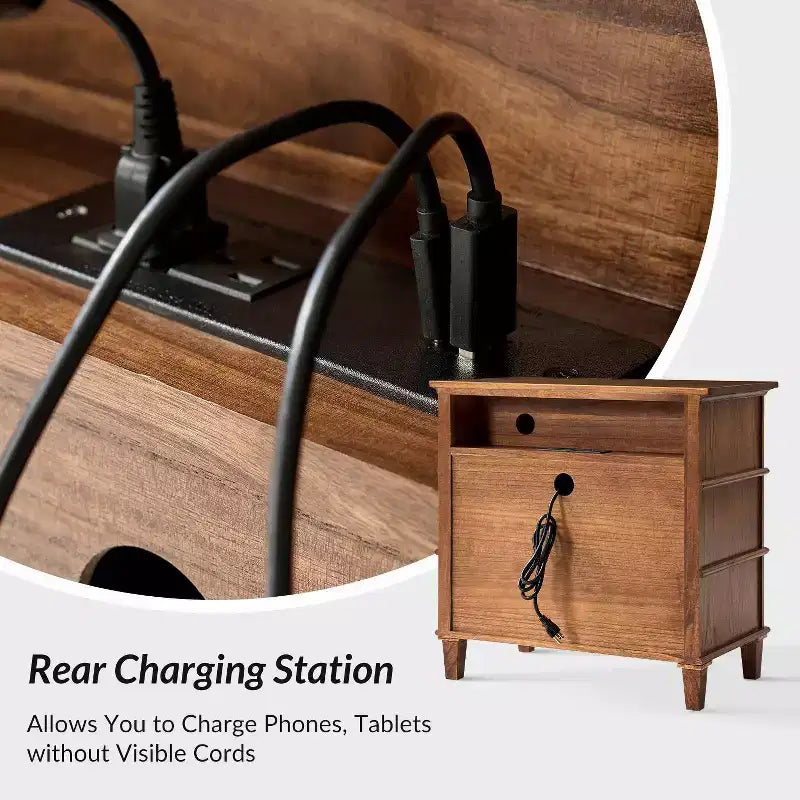 Table d'appoint Helena 28W en bois massif à 3 tiroirs, lot de 2 avec station de charge intégrée | HULALA HOME