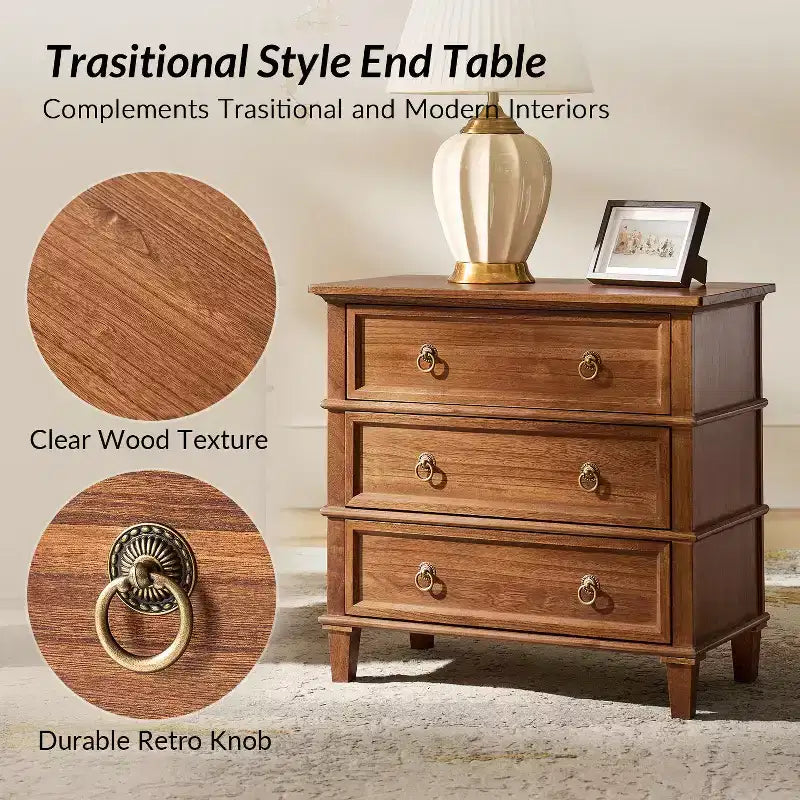Table d'appoint Helena 28W en bois massif à 3 tiroirs, lot de 2 avec station de charge intégrée | HULALA HOME