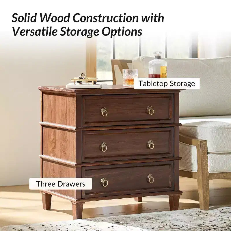 Table d'appoint Helena 28W en bois massif à 3 tiroirs, lot de 2 avec station de charge intégrée | HULALA HOME
