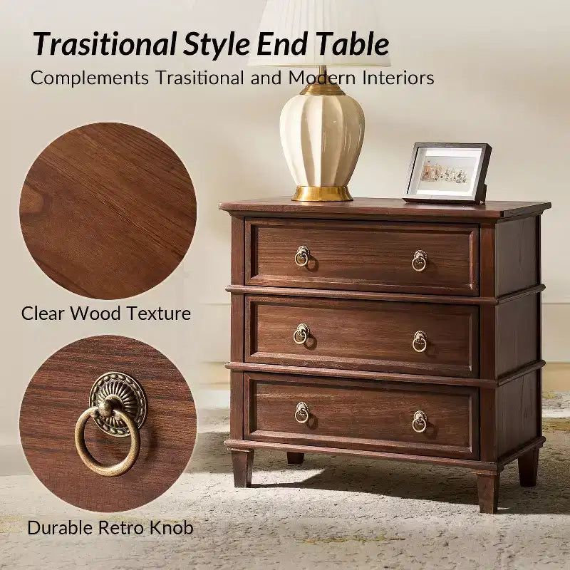 Table d'appoint Helena 28W en bois massif à 3 tiroirs, lot de 2 avec station de charge intégrée | HULALA HOME