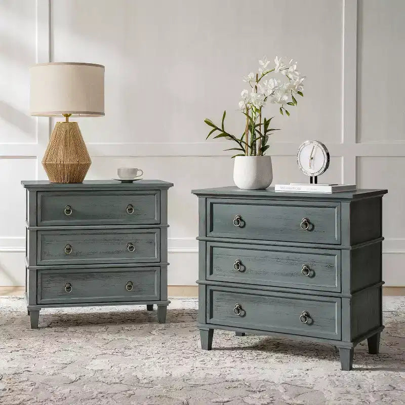 Table d'appoint Helena 28W en bois massif à 3 tiroirs, lot de 2 avec station de charge intégrée | HULALA HOME