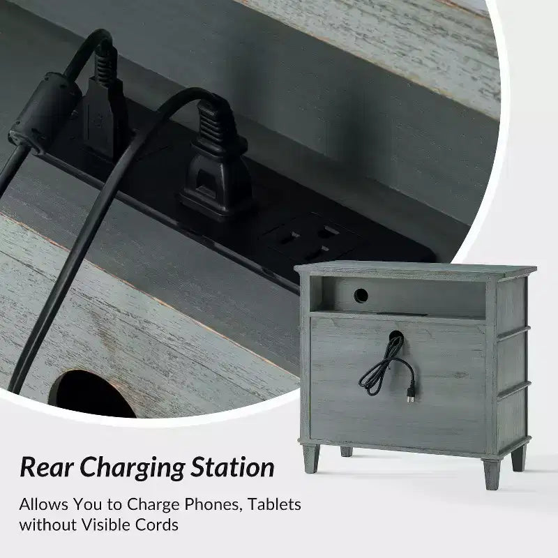 Table d'appoint Helena 28W en bois massif à 3 tiroirs, lot de 2 avec station de charge intégrée | HULALA HOME