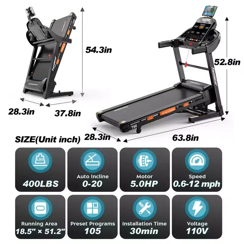Tapis de Course Inclinable Automatique à 20 %, Tapis Roulant Pliable avec Barre d'Appui, Moteur Silencieux sans Balais de 5 CV, Écran LED, Capacité de 180 kg